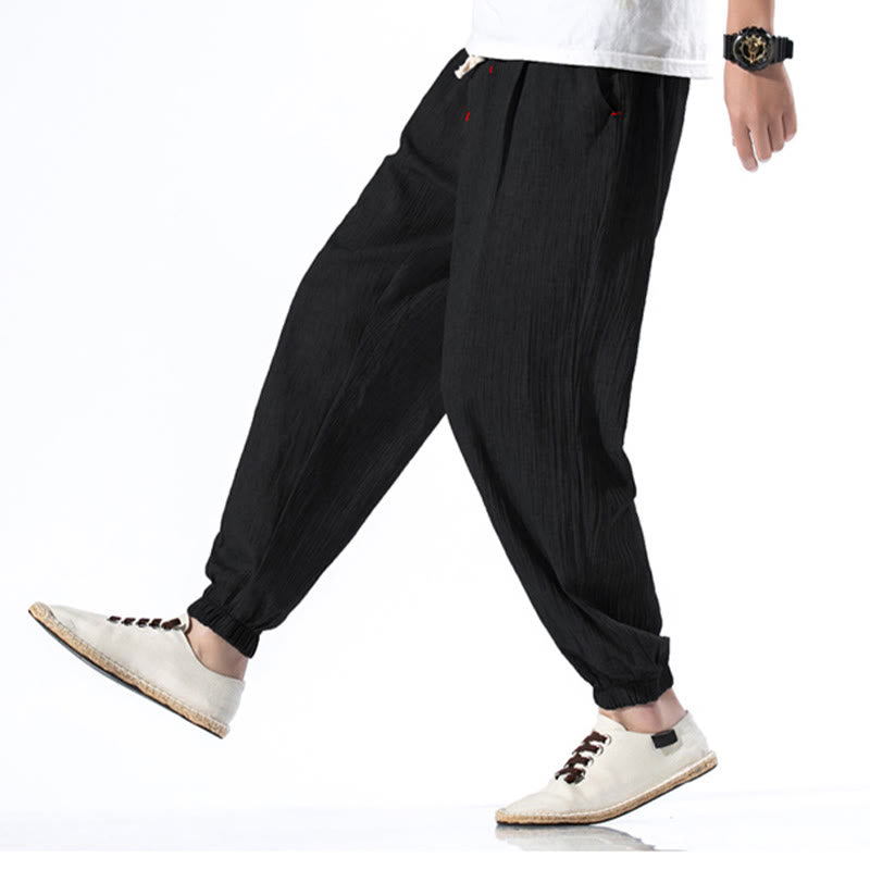 Pantaloni da uomo in lino con coulisse, casual, tinta unita, con tasche , Buddha Stones - image 15
