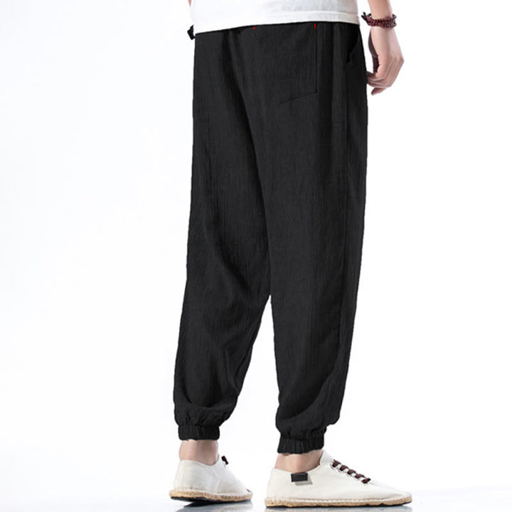 Pantaloni da uomo in lino con coulisse, casual, tinta unita, con tasche , Buddha Stones