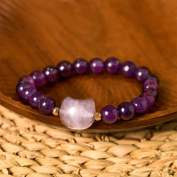 Braccialetto portafortuna con testa di gatto, ametista, avventurina verde, quarzo rosa, fluorite e Buddha Stones