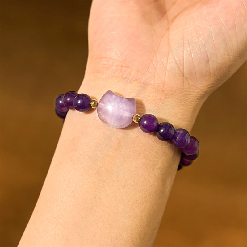 Braccialetto portafortuna con testa di gatto, ametista, avventurina verde, quarzo rosa, fluorite e Buddha Stones