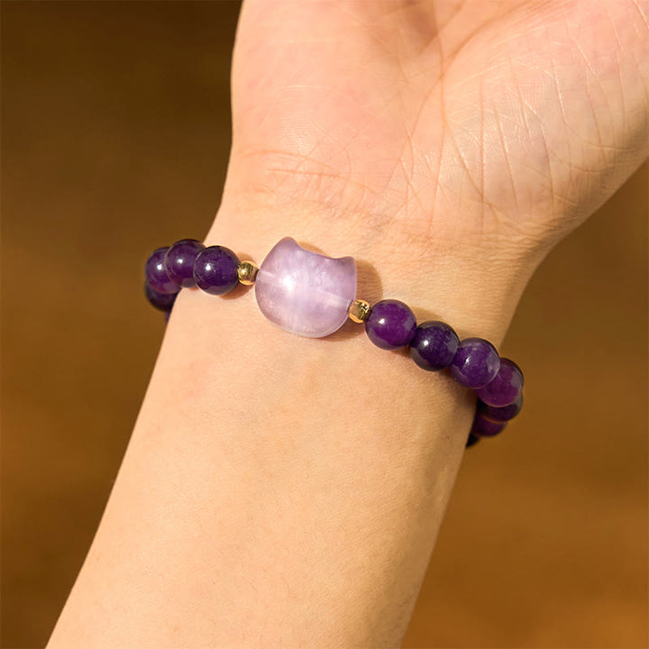 Braccialetto portafortuna con testa di gatto, ametista, avventurina verde, quarzo rosa, fluorite e Buddha Stones