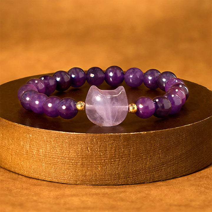Braccialetto portafortuna con testa di gatto, ametista, avventurina verde, quarzo rosa, fluorite e Buddha Stones