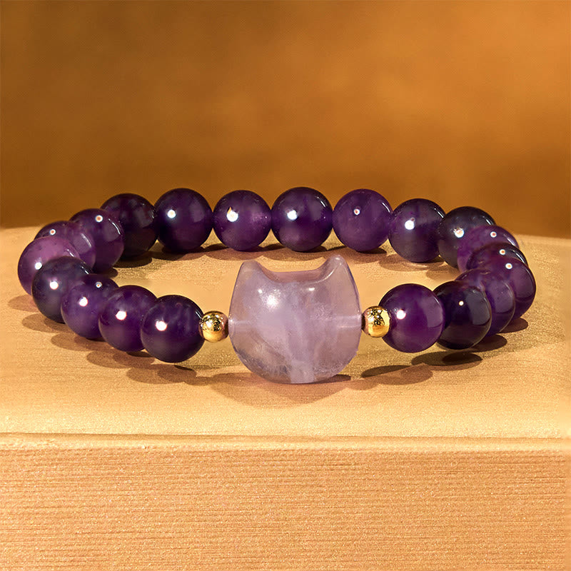Braccialetto portafortuna con testa di gatto, ametista, avventurina verde, quarzo rosa, fluorite e Buddha Stones