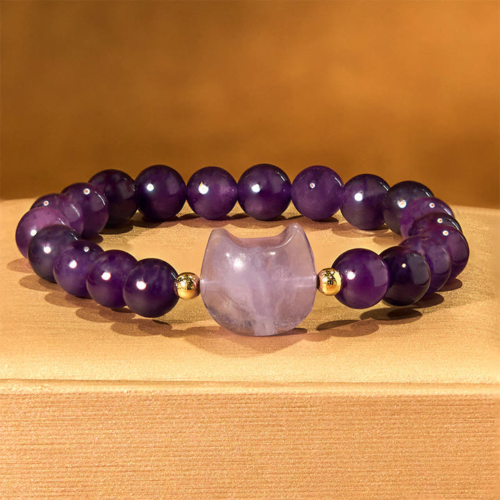 Braccialetto portafortuna con testa di gatto, ametista, avventurina verde, quarzo rosa, fluorite e Buddha Stones