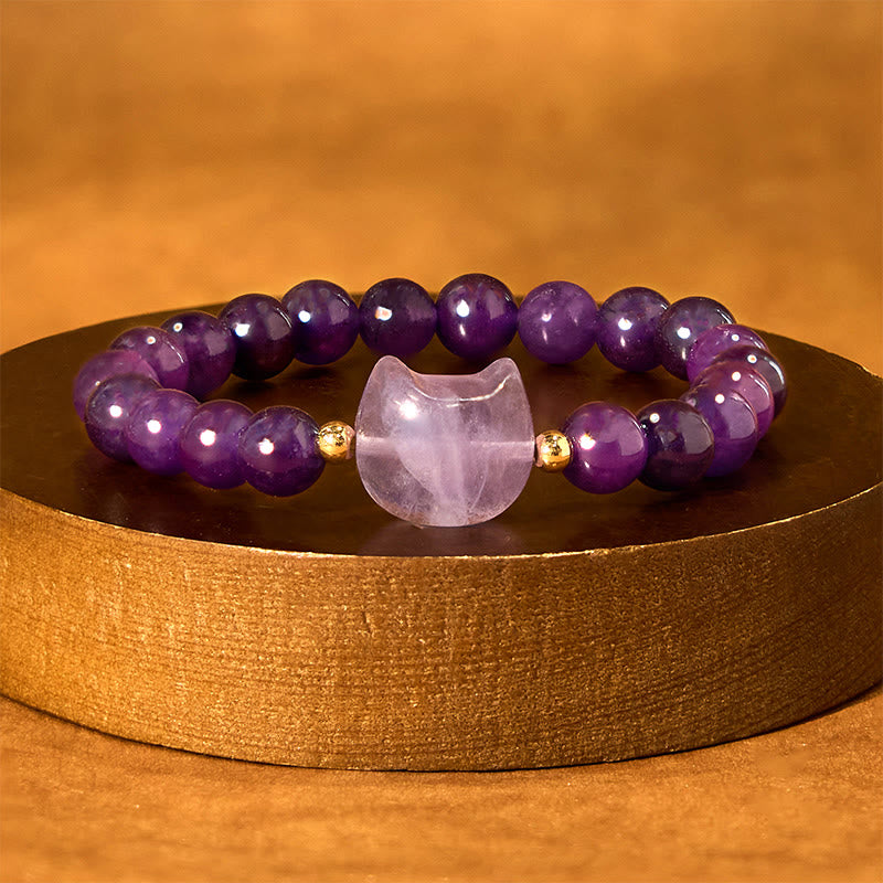 Braccialetto portafortuna con testa di gatto, ametista, avventurina verde, quarzo rosa, fluorite e Buddha Stones - image 2