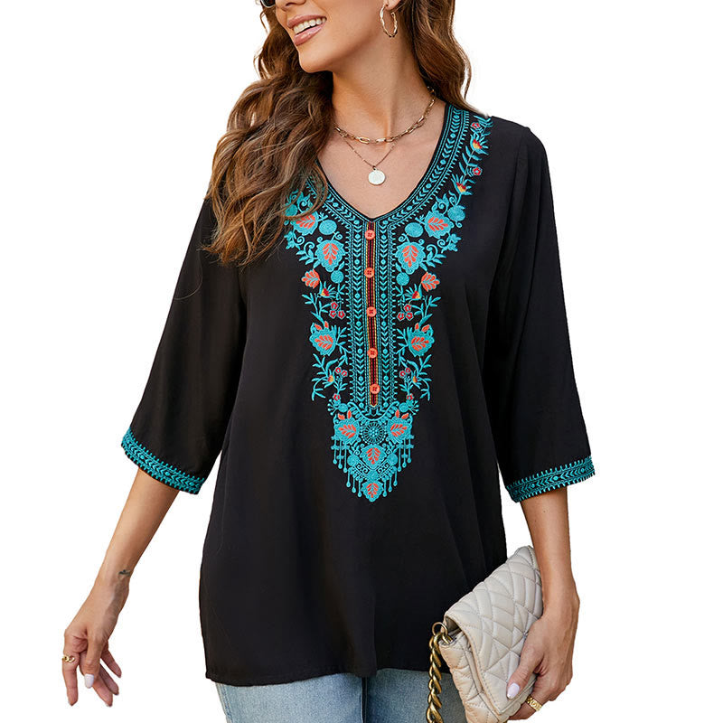 Buddha Stones Estate Casual Ricamo Fiore Foglia Mezza Manica Scollo a V Cotone T-shirt da Donna - image 10