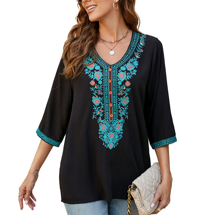 Buddha Stones Estate Casual Ricamo Fiore Foglia Mezza Manica Scollo a V Cotone T-shirt da Donna - image 10