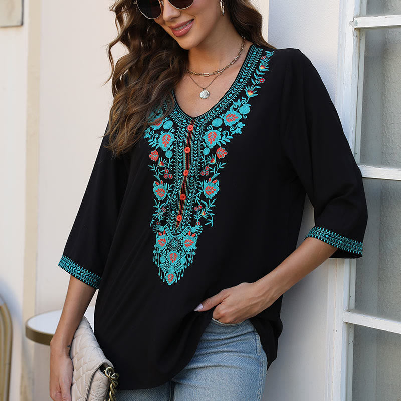 Buddha Stones Estate Casual Ricamo Fiore Foglia Mezza Manica Scollo a V Cotone T-shirt da Donna - Nero - US12, UK/AU16, EU44 (3XL) - image 0