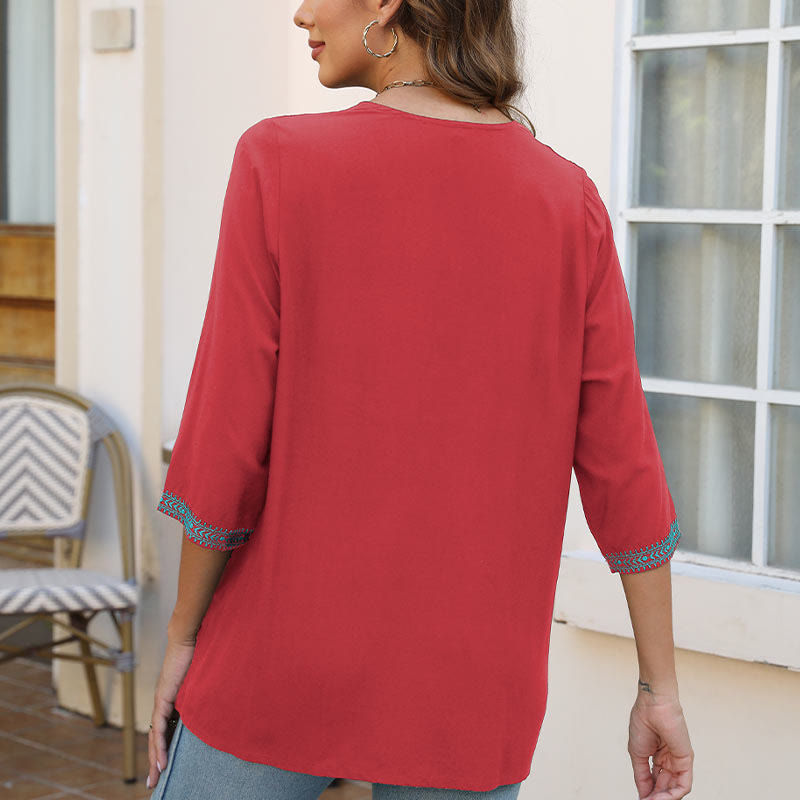 Buddha Stones Estate Casual Ricamo Fiore Foglia Mezza Manica Scollo a V Cotone T-shirt da Donna - image 21