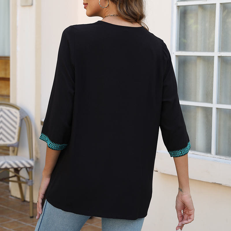 Buddha Stones Estate Casual Ricamo Fiore Foglia Mezza Manica Scollo a V Cotone T-shirt da Donna - image 7