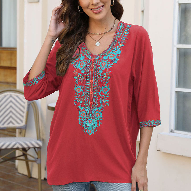 Buddha Stones Estate Casual Ricamo Fiore Foglia Mezza Manica Scollo a V Cotone T-shirt da Donna - image 20