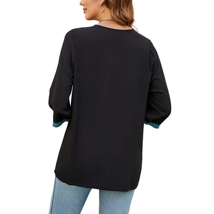 Buddha Stones Estate Casual Ricamo Fiore Foglia Mezza Manica Scollo a V Cotone T-shirt da Donna - image 12