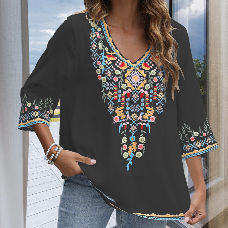 Buddha Stones Primavera Quotidiano Ricamo Fiore Modello Manica Lunga Scollo a V Cotone T-Shirt Donna - image 4
