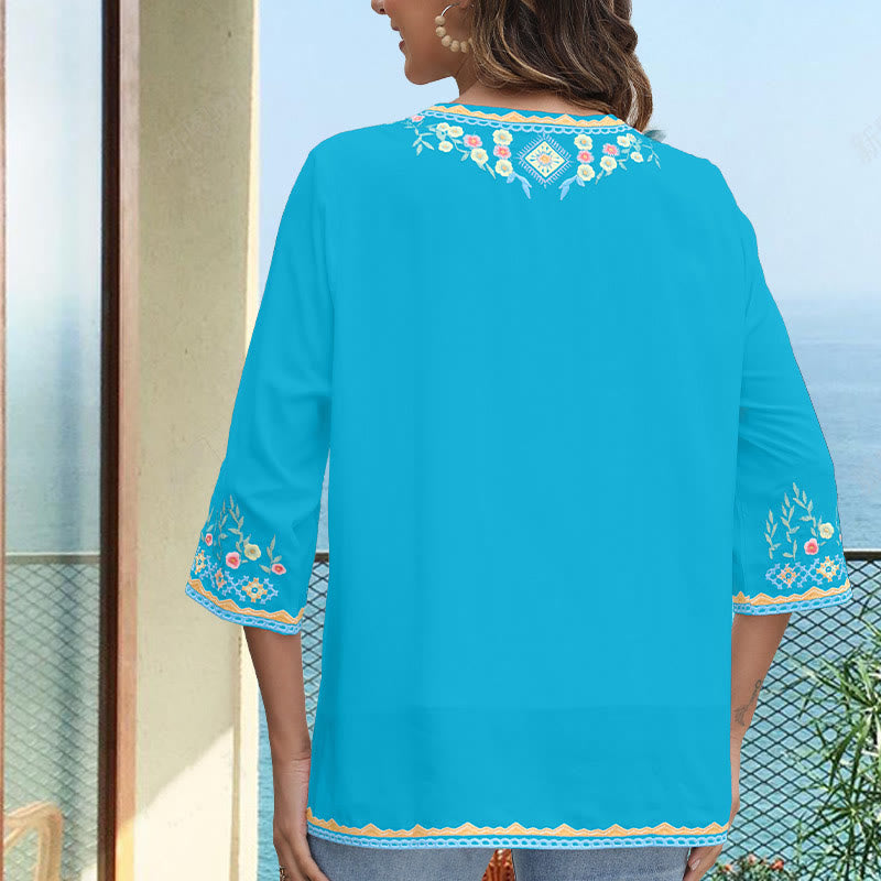 Buddha Stones Primavera Quotidiano Ricamo Fiore Modello Manica Lunga Scollo a V Cotone T-Shirt Donna