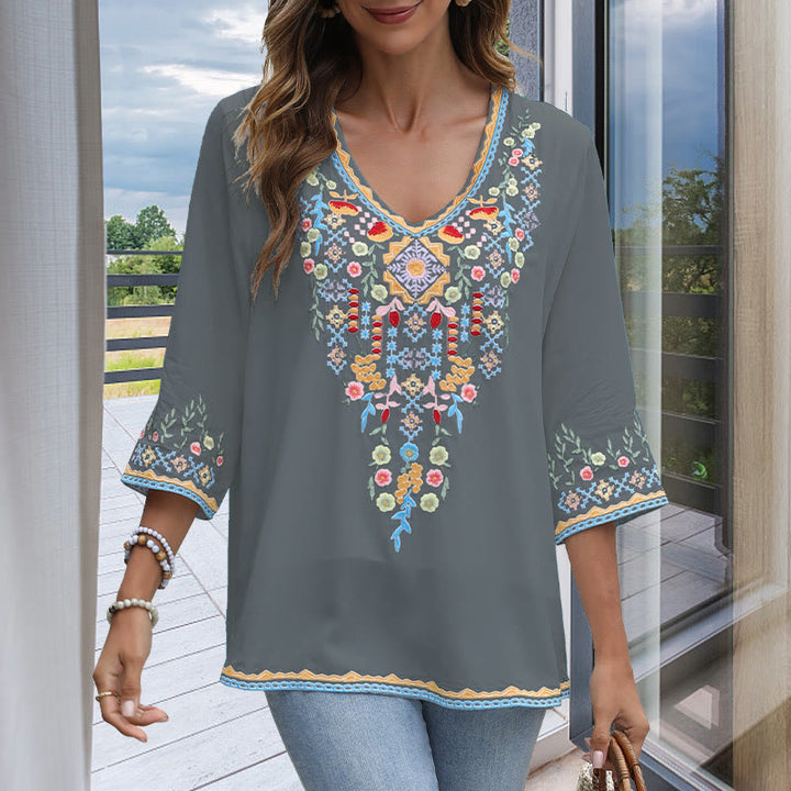 Buddha Stones Primavera Quotidiano Ricamo Fiore Modello Manica Lunga Scollo a V Cotone T-Shirt Donna