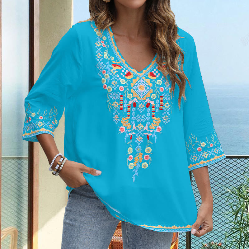 Buddha Stones Primavera Quotidiano Ricamo Fiore Modello Manica Lunga Scollo a V Cotone T-Shirt Donna