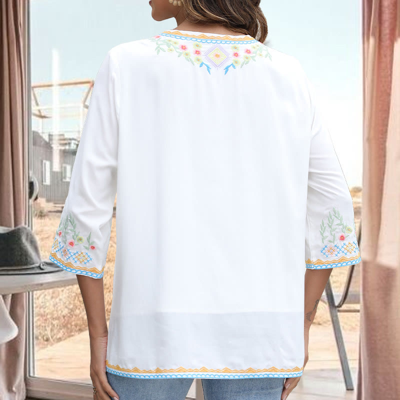 Buddha Stones Primavera Quotidiano Ricamo Fiore Modello Manica Lunga Scollo a V Cotone T-Shirt Donna - image 7