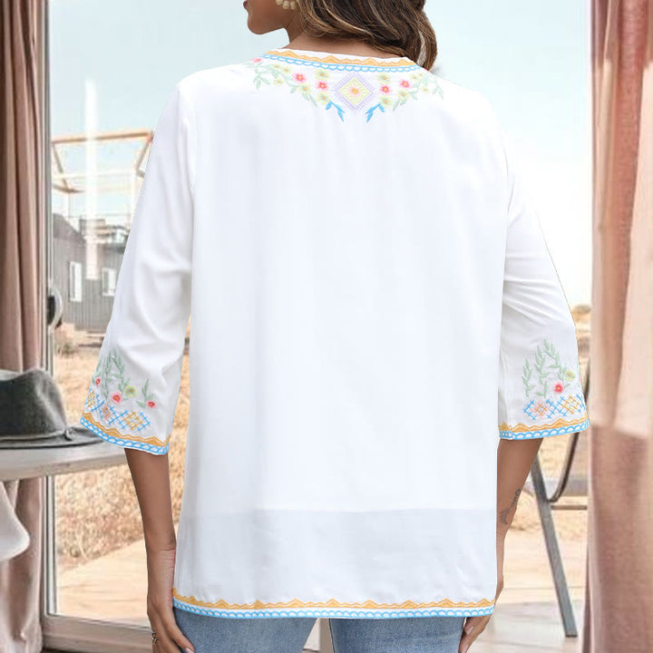 Buddha Stones Primavera Quotidiano Ricamo Fiore Modello Manica Lunga Scollo a V Cotone T-Shirt Donna - image 7