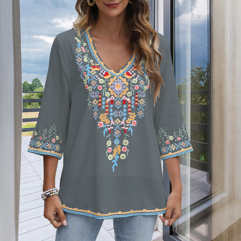 Buddha Stones Primavera Quotidiano Ricamo Fiore Modello Manica Lunga Scollo a V Cotone T-Shirt Donna - image 11