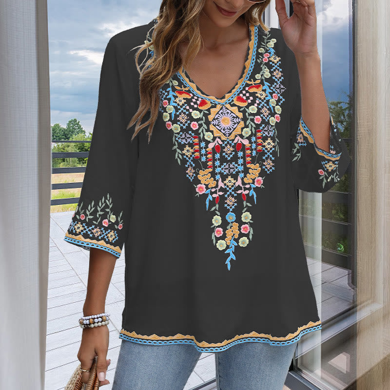 Buddha Stones Primavera Quotidiano Ricamo Fiore Modello Manica Lunga Scollo a V Cotone T-Shirt Donna - image 3