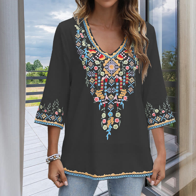 Buddha Stones Primavera Quotidiano Ricamo Fiore Modello Manica Lunga Scollo a V Cotone T-Shirt Donna - image 1
