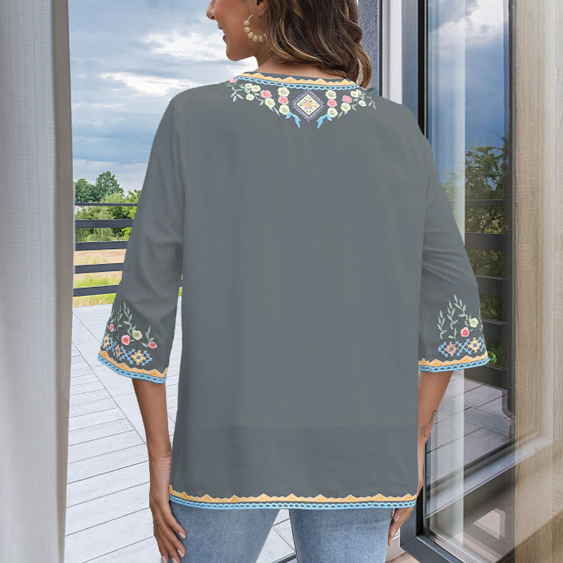 Buddha Stones Primavera Quotidiano Ricamo Fiore Modello Manica Lunga Scollo a V Cotone T-Shirt Donna - image 12
