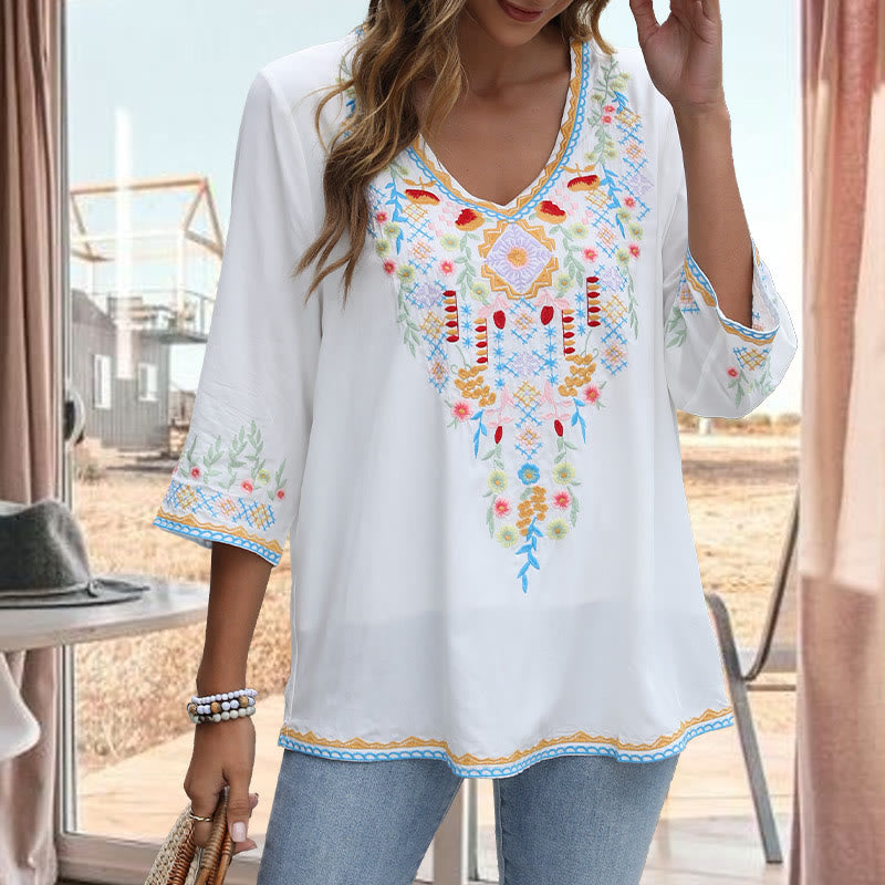 Buddha Stones Primavera Quotidiano Ricamo Fiore Modello Manica Lunga Scollo a V Cotone T-Shirt Donna - image 8