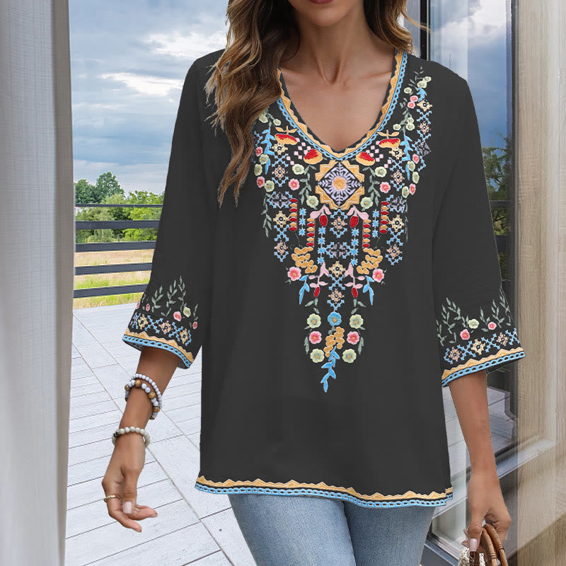 Buddha Stones Primavera Quotidiano Ricamo Fiore Modello Manica Lunga Scollo a V Cotone T-Shirt Donna - Nero - US12, UK/AU16, EU44 (3XL) - image 0