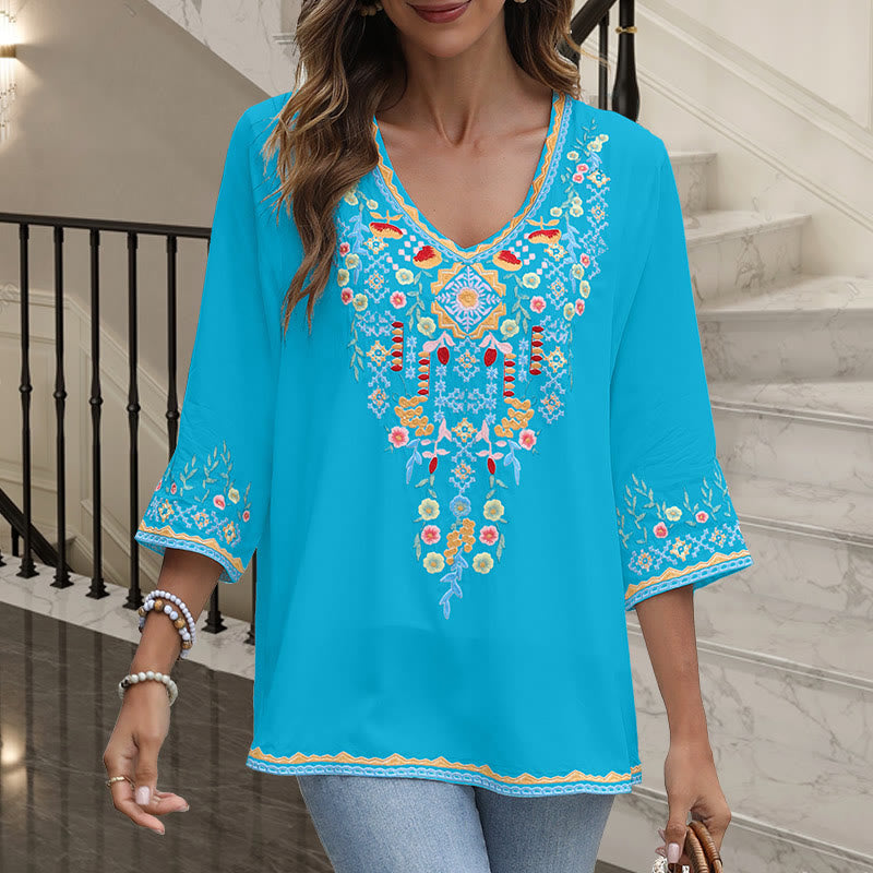 Buddha Stones Primavera Quotidiano Ricamo Fiore Modello Manica Lunga Scollo a V Cotone T-Shirt Donna - Blu cielo profondo - US12, UK/AU16, EU44 (3XL) - image 15