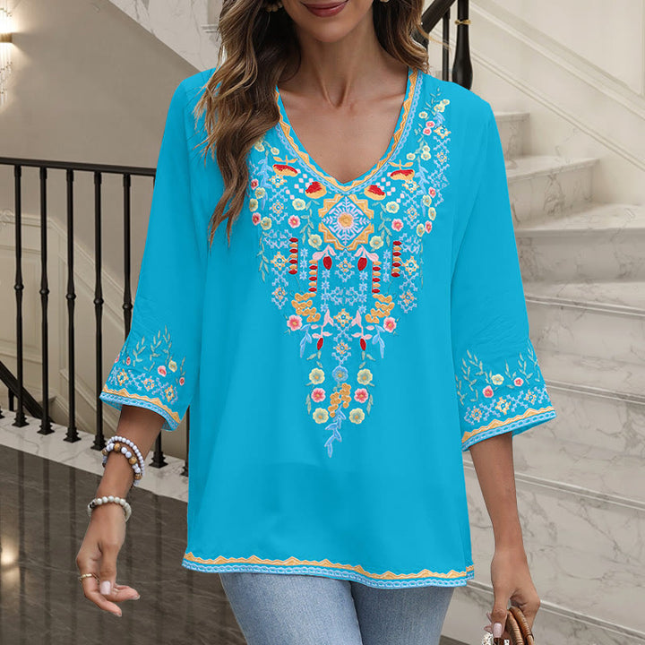 Buddha Stones Primavera Quotidiano Ricamo Fiore Modello Manica Lunga Scollo a V Cotone T-Shirt Donna - Blu cielo profondo - US12, UK/AU16, EU44 (3XL) - image 15