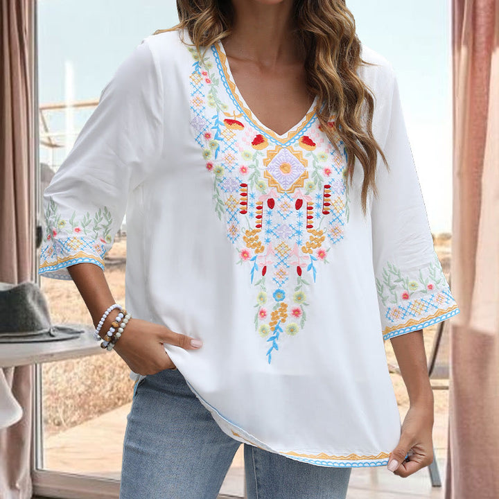 Buddha Stones Primavera Quotidiano Ricamo Fiore Modello Manica Lunga Scollo a V Cotone T-Shirt Donna - image 9