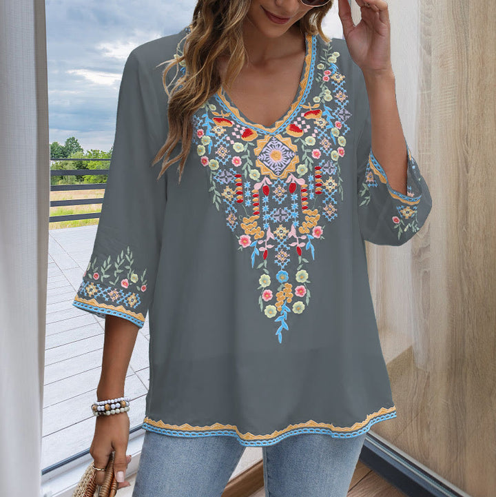 Buddha Stones Primavera Quotidiano Ricamo Fiore Modello Manica Lunga Scollo a V Cotone T-Shirt Donna - image 13