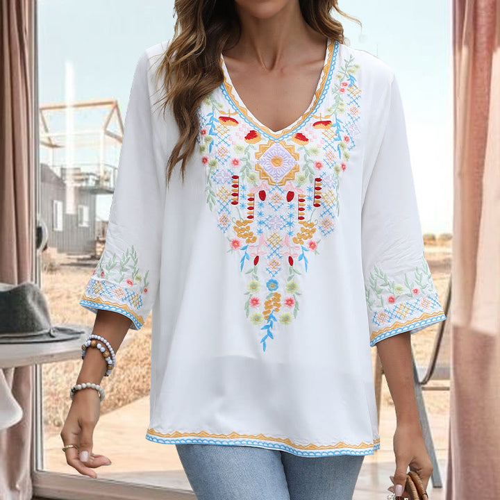 Buddha Stones Primavera Quotidiano Ricamo Fiore Modello Manica Lunga Scollo a V Cotone T-Shirt Donna