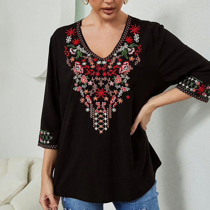 Maglietta da donna in cotone con scollo a V e maniche a tre quarti, motivo: Buddha Stones Summer Embroidery Flower Simple Design