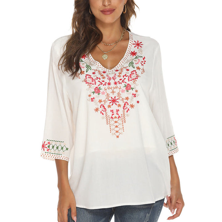 Maglietta da donna in cotone con scollo a V e maniche a tre quarti, motivo: Buddha Stones Summer Embroidery Flower Simple Design