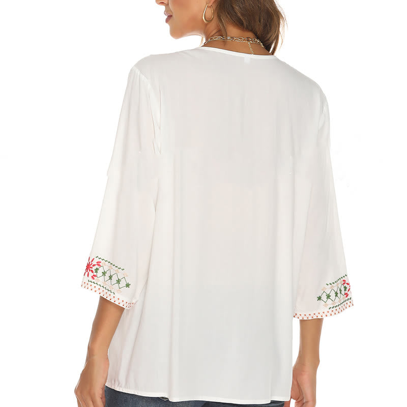 Maglietta da donna in cotone con scollo a V e maniche a tre quarti, motivo: Buddha Stones Summer Embroidery Flower Simple Design