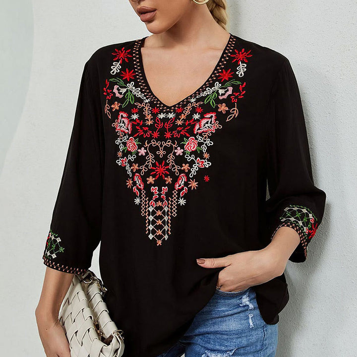 Maglietta da donna in cotone con scollo a V e maniche a tre quarti, motivo: Buddha Stones Summer Embroidery Flower Simple Design