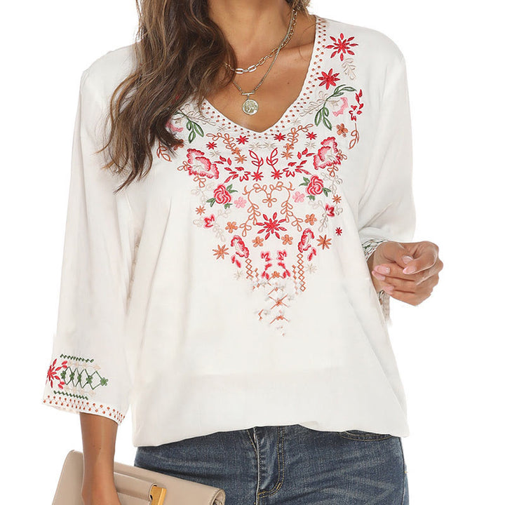 Maglietta da donna in cotone con scollo a V e maniche a tre quarti, motivo: Buddha Stones Summer Embroidery Flower Simple Design