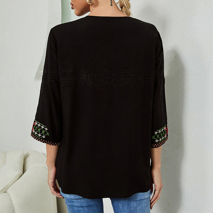 Maglietta da donna in cotone con scollo a V e maniche a tre quarti, motivo: Buddha Stones Summer Embroidery Flower Simple Design