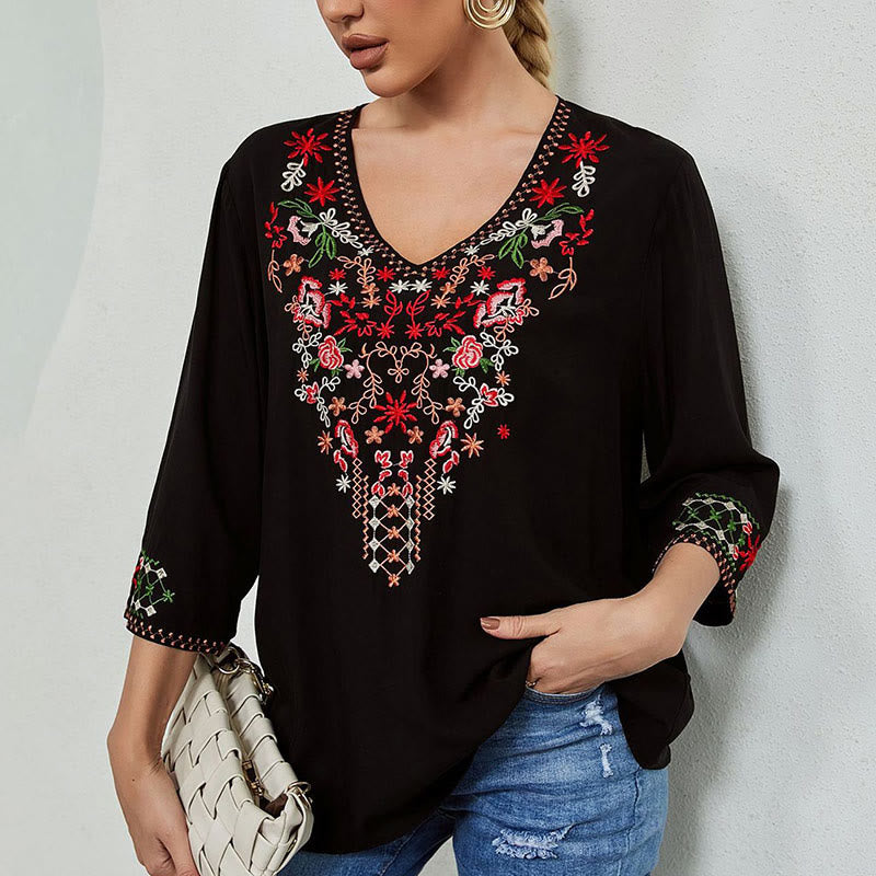 Maglietta da donna in cotone con scollo a V e maniche a tre quarti, motivo: Buddha Stones Summer Embroidery Flower Simple Design