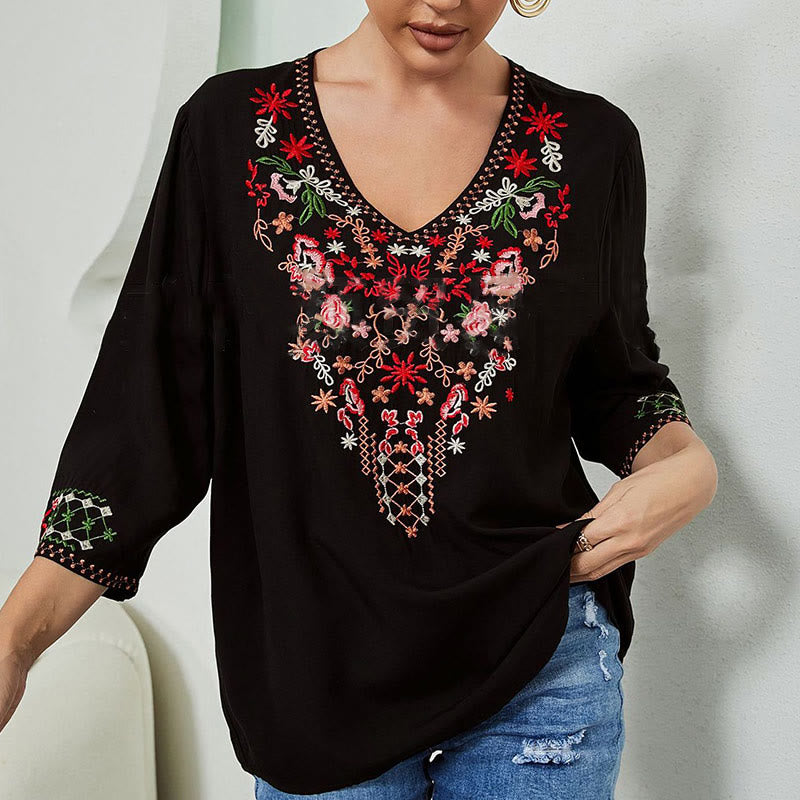Maglietta da donna in cotone con scollo a V e maniche a tre quarti, motivo: Buddha Stones Summer Embroidery Flower Simple Design