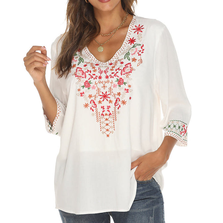 Maglietta da donna in cotone con scollo a V e maniche a tre quarti, motivo: Buddha Stones Summer Embroidery Flower Simple Design