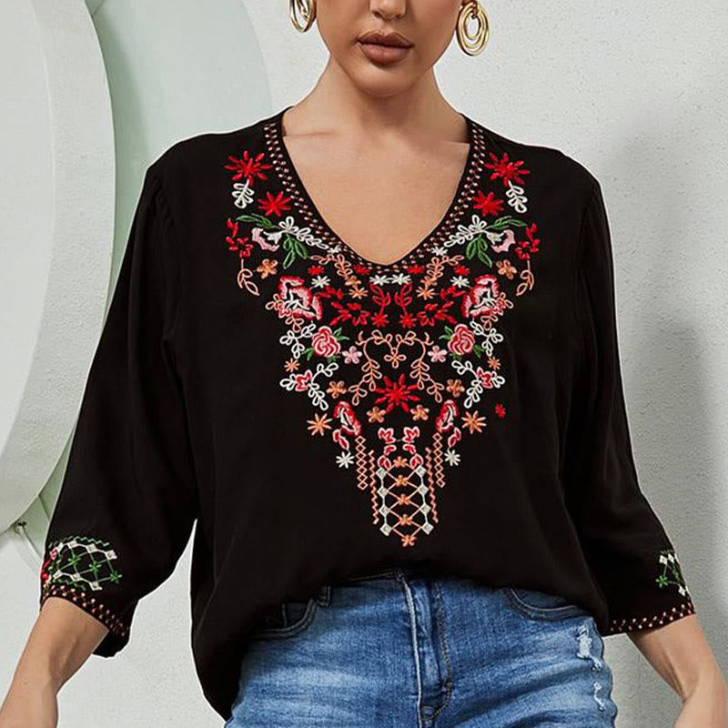 Maglietta da donna in cotone con scollo a V e maniche a tre quarti, motivo: Buddha Stones Summer Embroidery Flower Simple Design