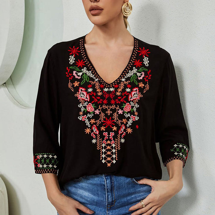 Maglietta da donna in cotone con scollo a V e maniche a tre quarti, motivo: Buddha Stones Summer Embroidery Flower Simple Design
