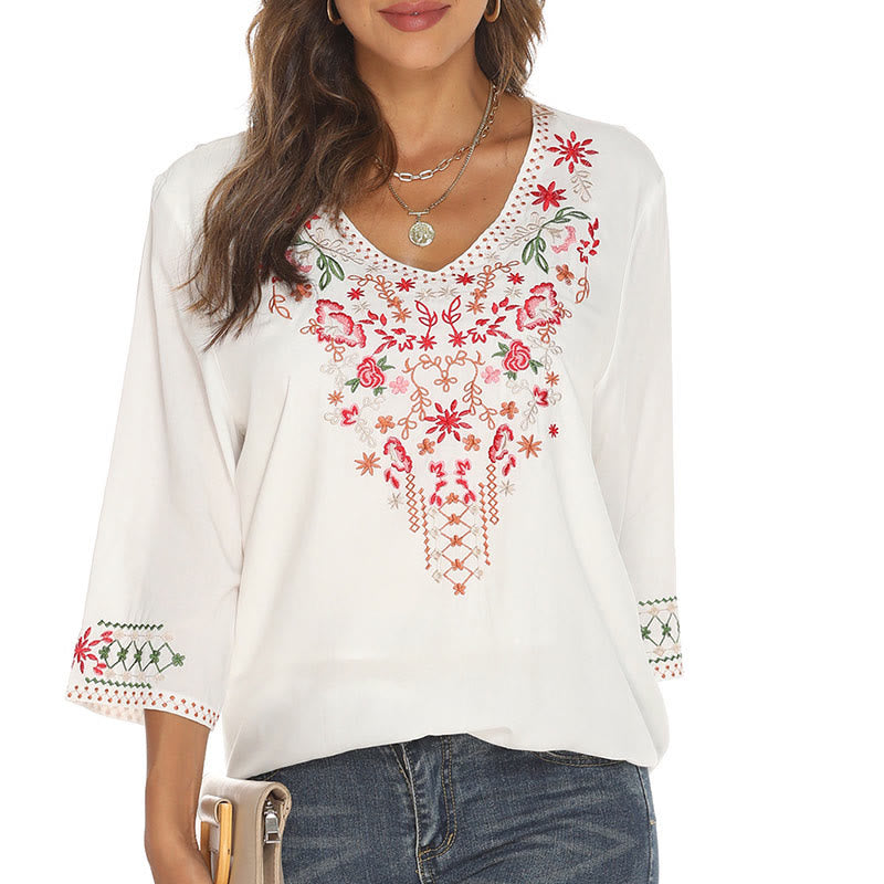 Maglietta da donna in cotone con scollo a V e maniche a tre quarti, motivo: Buddha Stones Summer Embroidery Flower Simple Design