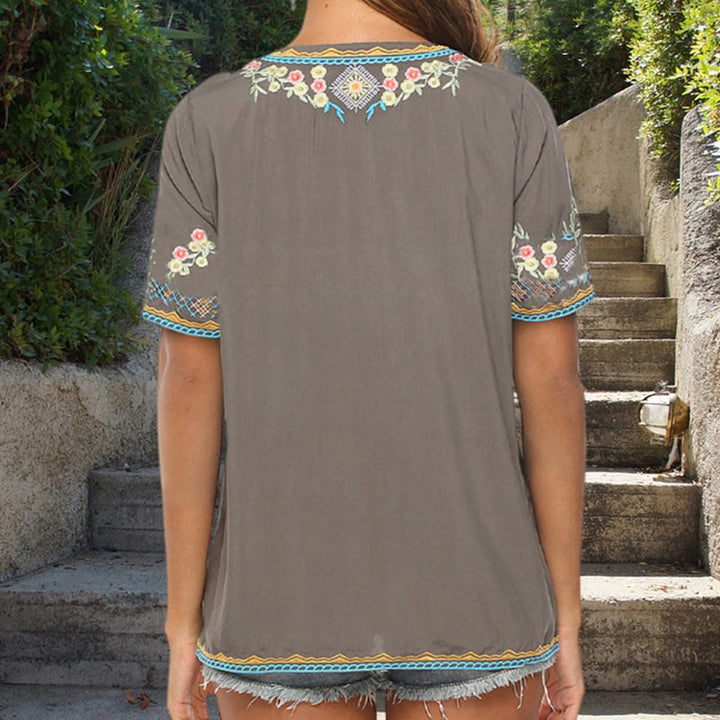 Maglietta da donna in cotone con scollo a V e maniche corte, motivo floreale con ricamo Buddha Stones