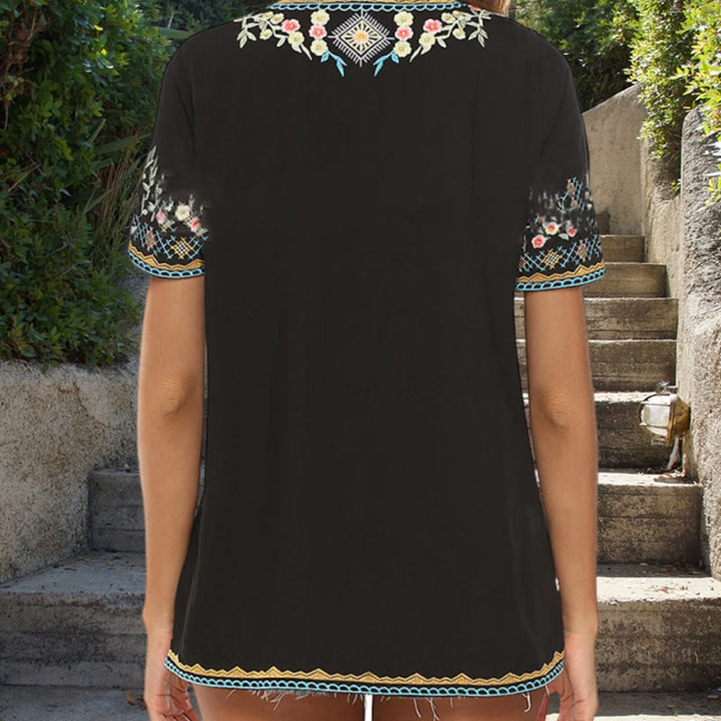 Maglietta da donna in cotone con scollo a V e maniche corte, motivo floreale con ricamo Buddha Stones