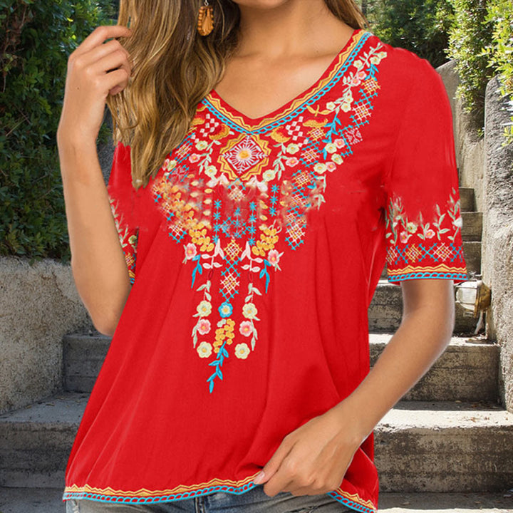 Maglietta da donna in cotone con scollo a V e maniche corte, motivo floreale con ricamo Buddha Stones