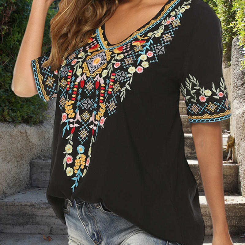 Maglietta da donna in cotone con scollo a V e maniche corte, motivo floreale con ricamo Buddha Stones