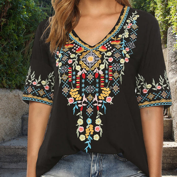 Maglietta da donna in cotone con scollo a V e maniche corte, motivo floreale con ricamo Buddha Stones